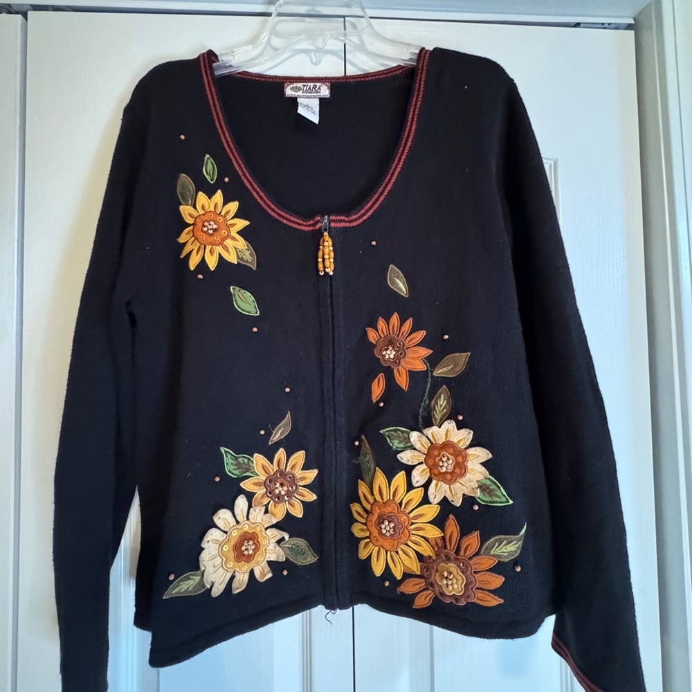 Elegant Black Cardigan with Floral Accents